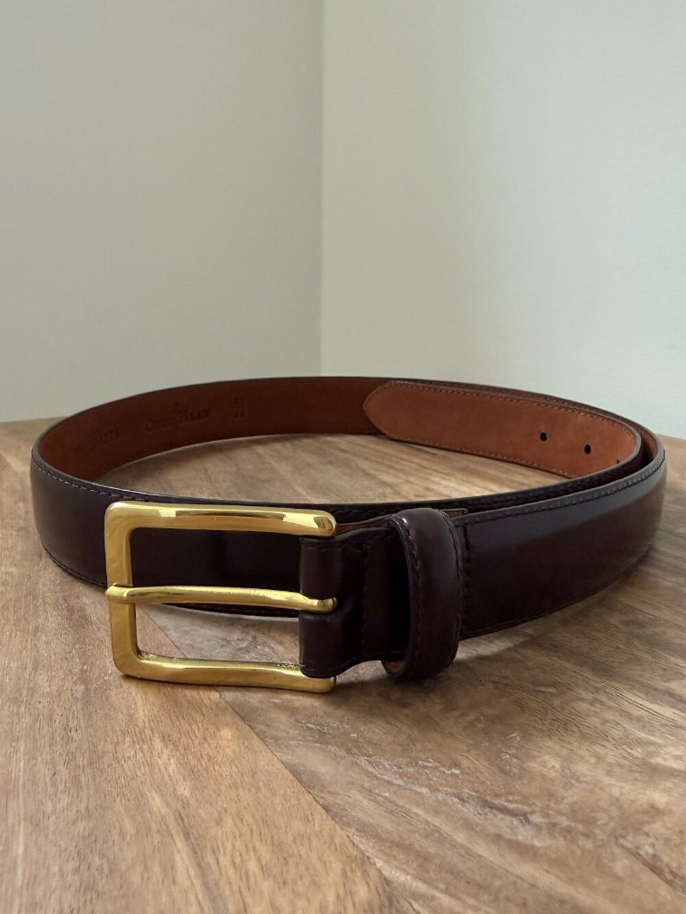 COLE HAAN Classic Deep Brown Burgundy Leather Dress Belt with Gold Tone Buckle